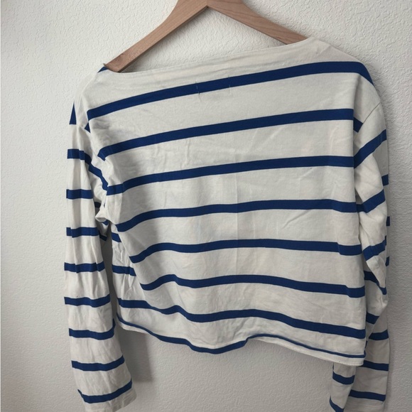 JCREW Cropped Fit Cotton Blue Striped Long Sleeve Top Nautical Preppy Small - Picture 2 of 6